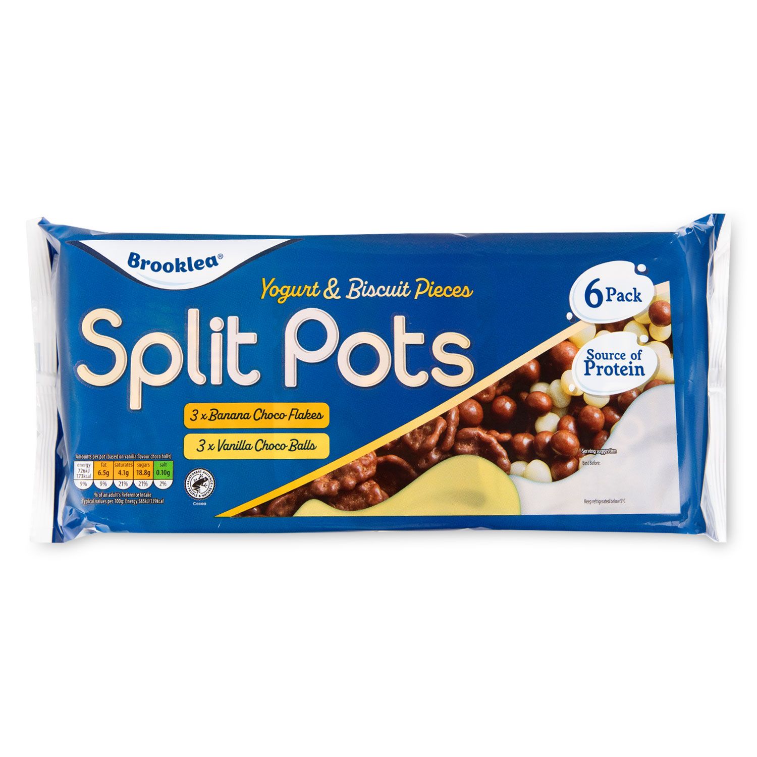 Split Pots Crunch Yogurt & Biscuit Pieces Vanilla Choco Balls & Banana Choco Flakes 6x130g Brooklea